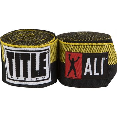 Бинти боксерські еластичні TITLE Boxing Muhamed Ali Semi-Stretch Чорні з жовтим, 4,5м, 4,5м